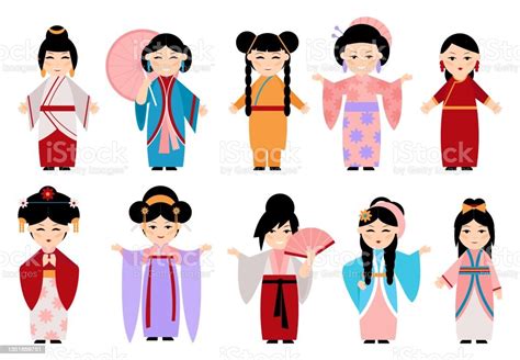 Set Of Different Asian Girl In Nationl Costumes Stock Illustration
