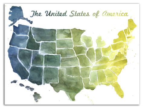 United States Blue And Green Watercolor Map Wall Art Contemporary