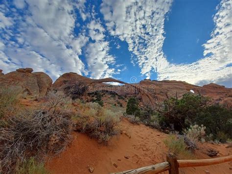 Arches National Park Hiking In Utah Desert Rock Formations Stock Photo