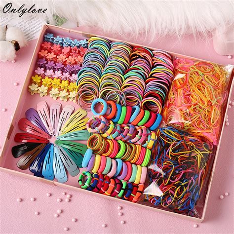 780pcs Colorful Elastic Hair Tie Hair Clip Set Cute Flower Hairpin Rubber Band For Sweet Girl