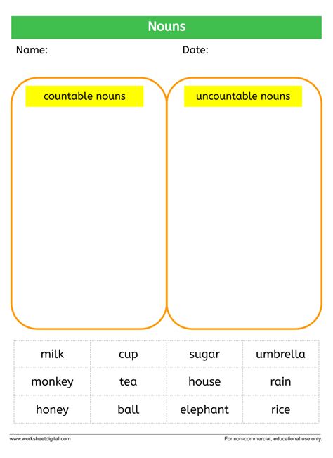 Nouns Countable And Uncountable Worksheet Digital