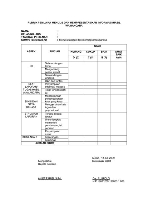 Rubrik Penilaian Keterampilan Menulis Karangan Narasi / Rpp Bahasa