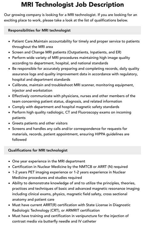 Mri Technologist Job Description Velvet Jobs