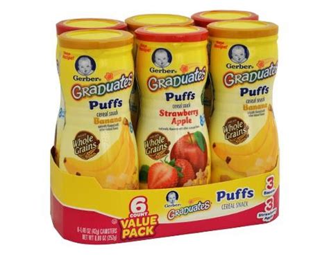 How many calories and nutrients in gerber finger foods, puffs, baby food per given weight. Gerber Graduates Puffs | Cereal snacks, Snacks, Baby food ...