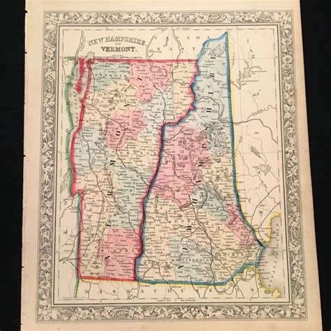 1862 Map Of New Hampshire And Vermont Original Hand Colored Map
