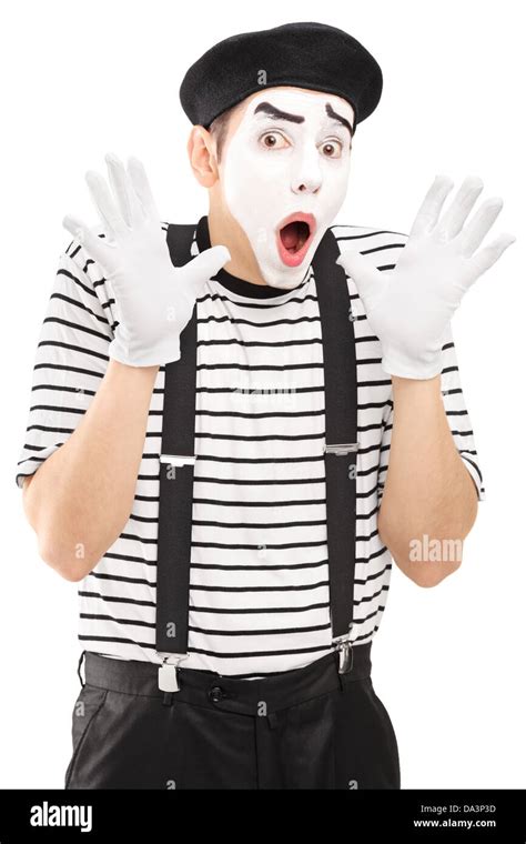 Male Mime Artist Gesturing With His Hands Excitement Isolated On White
