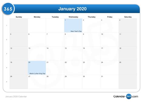 January 2020 Calendar 365 Calendar Printables Free Templates
