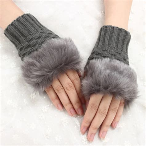 Ladies Knitted Wool Fingerless Gloves Faux Fur Mittens Warm Winter Gloves Women Female Girls Fur