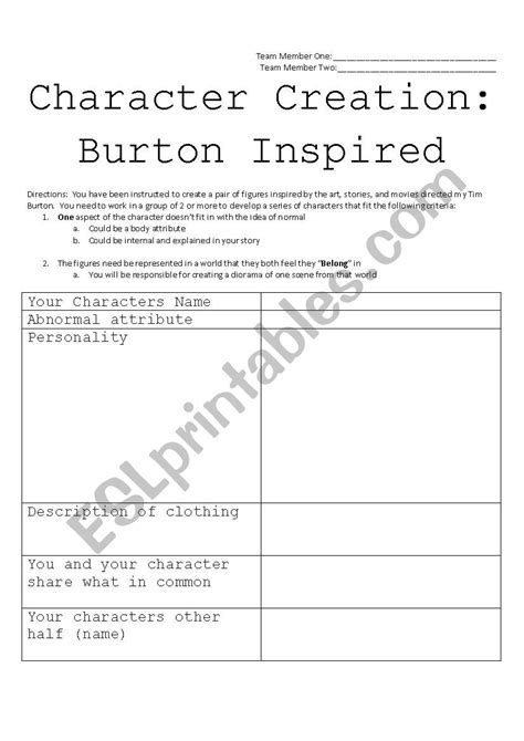 Tim Burton Character Creation Esl Worksheet By Slabeer