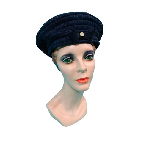 Vintage 1940s Navy Hat Blue Bow Button Round Beret Gem