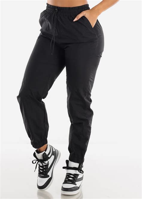 Moda Xpress Black Nylon Windbreaker Womens Juniors High Waist Drawstring Jogger Pants M