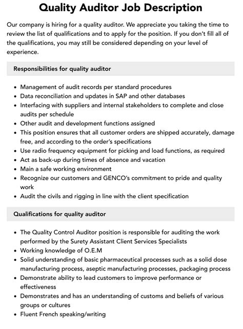 Quality Auditor Job Description Velvet Jobs