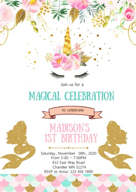Unicorn Mermaid Birthday Party Invitation Template Postermywall