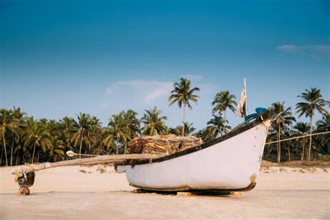 Goa India Old Wooden Fishing Boat Standing On Sea Ocean Beach