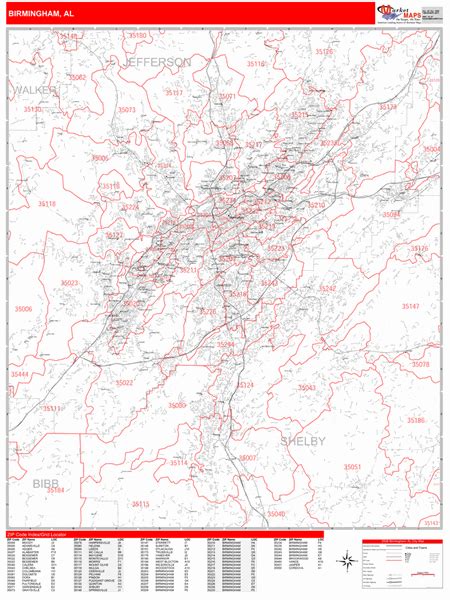 Birmingham Alabama Zip Code Wall Map Red Line Style By Marketmaps