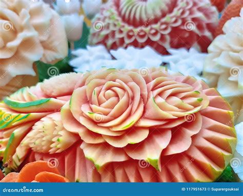 Thai Traditional Carved Fruits With Flower Patterns Stock Image Image Of Melon Decor 117951673