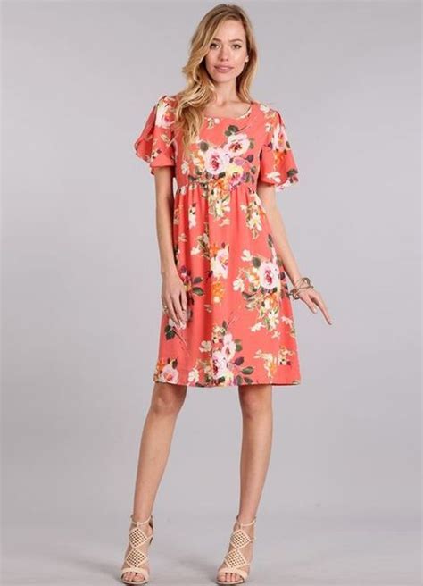 Floral Printed Midi Dress Wround Neck In Coral Dresses