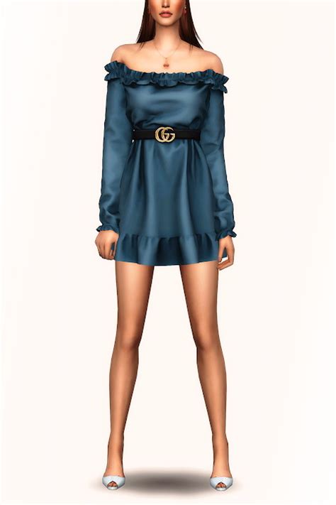 Off Shoulder Belted Ruffle Dress At Gorilla Sims 4 Updates