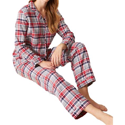 Ladies Womens Mands Marks And Spencer Brushed Fleece Checked Pyjama Set Top And Bottom Ebay