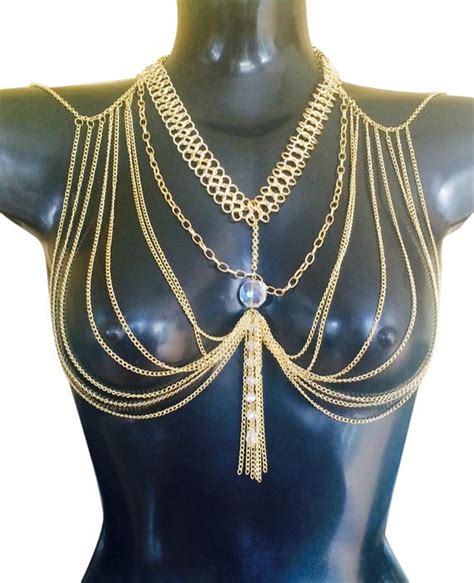 Gold Silver Halter Lingerie Sexy Showgirl Shoulder Necklace Exotic Bra Chain Harness Slave Full
