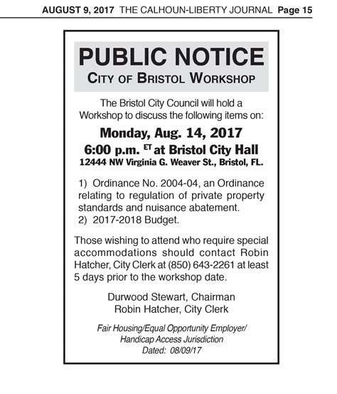 City Of Bristol Public Notice Of Workshop