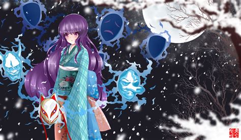 Duskdawn Hata No Kokoro Japanese Clothes Kimono Mask Moon Night Purple