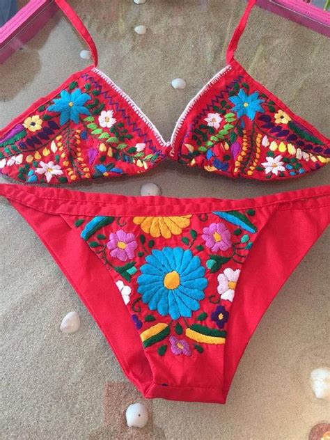 Colorful Hand Embroidered Mexican Bikini Floral Mexican 2 Etsy