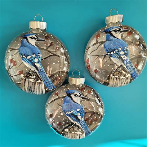 Hand Painted Christmas Ornamentbluejay With Winter Berry Etsy