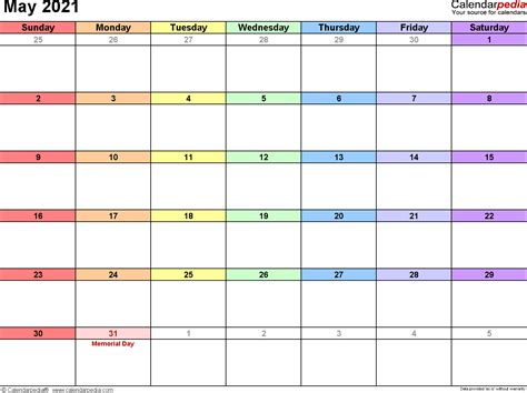Bookmark articles, and receive our weekly email. May 2021 - calendar templates for Word, Excel and PDF