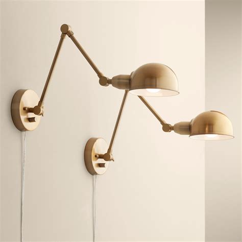 360 Lighting Industrial Wall Lamps Set Of 2 Led Antique Brass Plug In