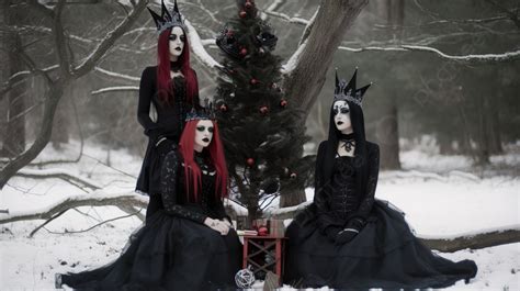 Three Gothic Women In Dark Gowns Sit In The Snow Next To A Christmas