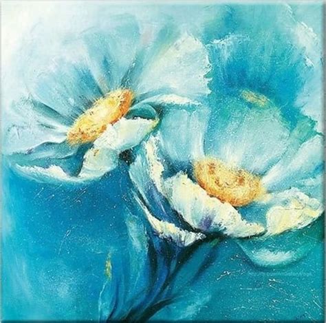 Turquoise Flowers Oil Painting On Wall Large Flowers Painting Etsy In