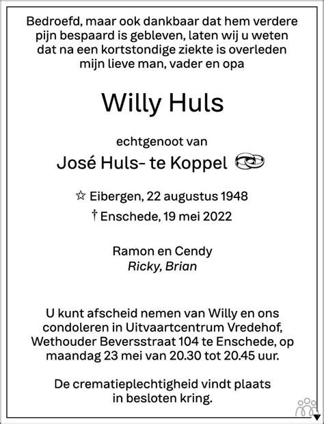 Willy Huls 19 05 2022 Overlijdensbericht En Condoleances Mensenlinq Nl