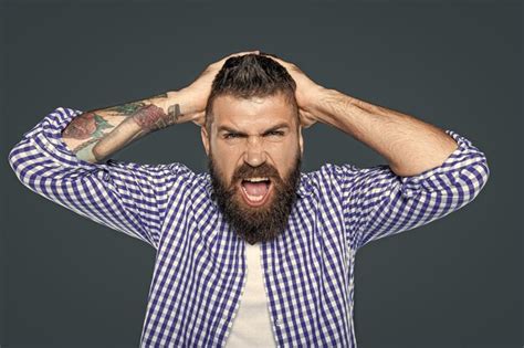 Premium Photo Angry Bearded Man Wear Checkered Shirt On Grey Background