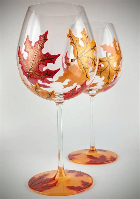 2 Colorful Fall Leaf Stemmed Hand Painted Wine Glasses Maple Leaves In Colors Of Orange
