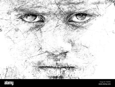 Monochrome Picture Of Man Face With Cracks And Scratch Art Idea Stock