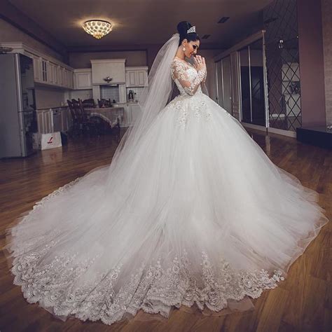 Illusion long sleeve tulle wedding dress with appliques. Vintage Wedding Dresses Ball Gown Lace Long Sleeves ...