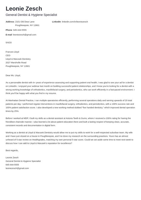 Dentist Cover Letter Examples And Writing Guide