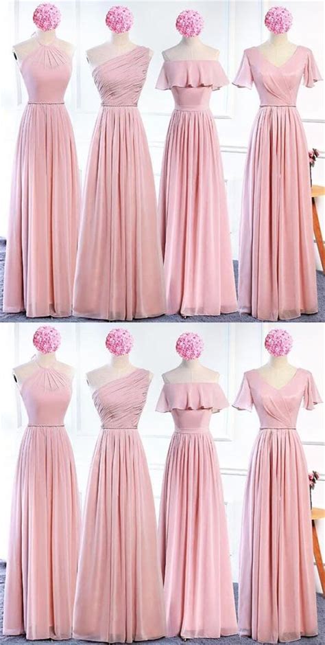 Blush Pink Sleeveless A Line Ruffles Chiffon Long Bridesmaid Dresses