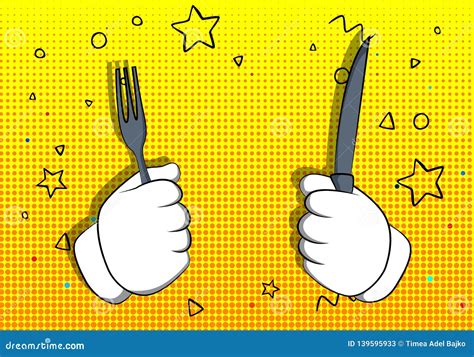 Cartoon Hand Holding Up A Knife And Fork Stock Vector Illustration