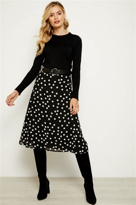 Black And White Polka Dot Print Midi Skirt Polka Dot Skirt Outfit Dot