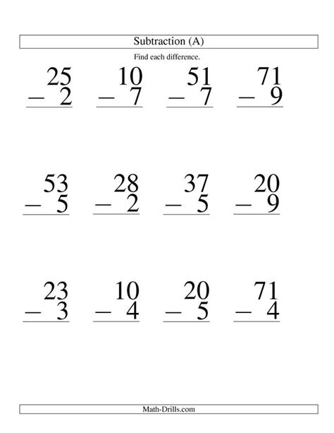 The Two Digit Minus One Digit Subtraction Large Print A Math