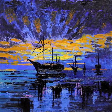 Sunset And Boat Painting
