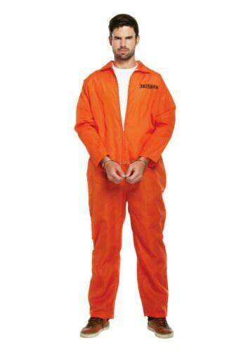 Prisoner Convict Mens Orange Overall Jumpsuit Halloween Fancy Dress