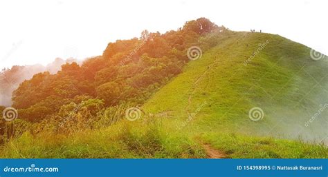 Beautiful Of Green Mountain Landscape View With Orange Sunlight Flare