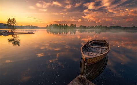 Hd Wallpaper Sunset Reflection Boat In Peaceful Lake Lake Ringerike