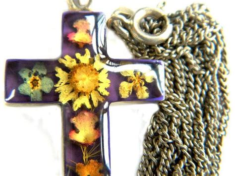 Taxco Mexico Pressed Dried Flower Cross Necklace Sterling Sterling