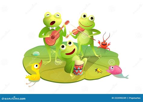 Frogs Concert Playing Musical Instruments On Pond Stock Vector
