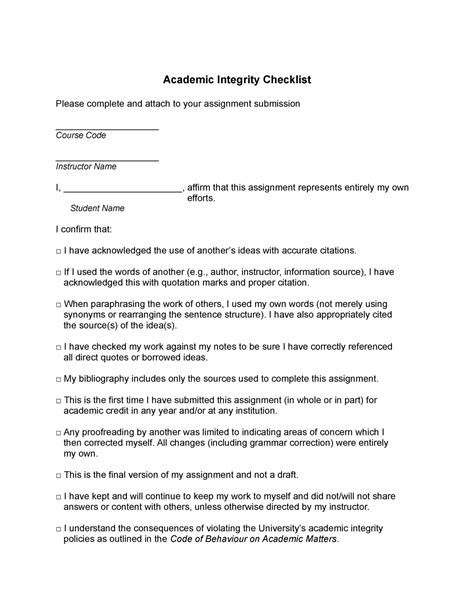 Academic Integrity Checklist Academic Integrity Checklist Please