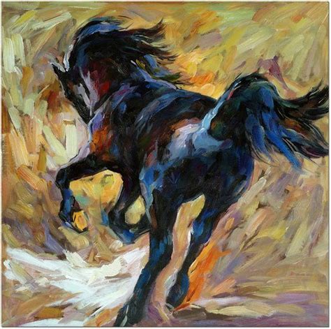Signed Hand Painted Impressionist Black Horse Painting On Canvas